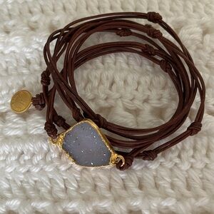 NINA NGUYEN Wrap Bracelet Leather Cord Purple Druzy Gold Tone Setting Boho Chic